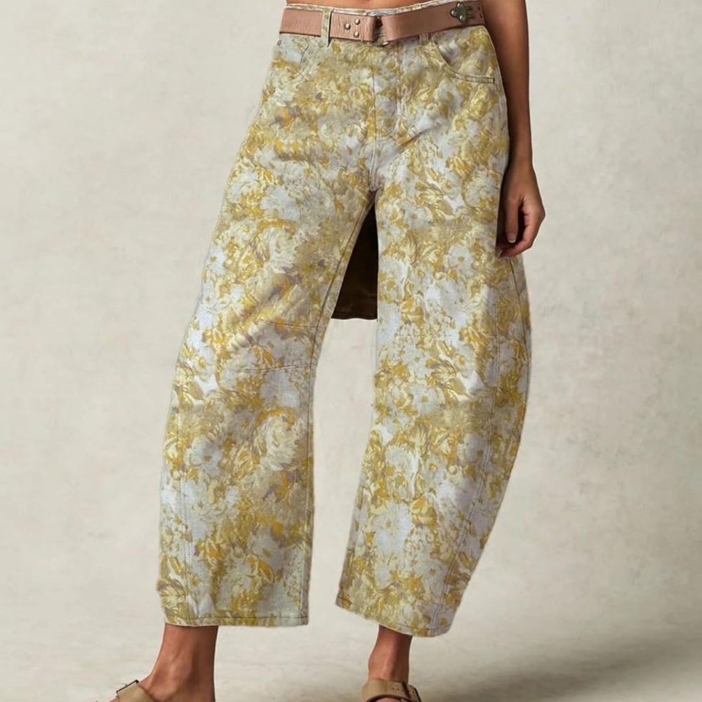 loveimgs Women Baggy Barrel Jeans Mid Rise Printed Denim Pants Wide Leg Jeans